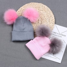 Mom& Kids Baby Girl Winter Beanie Cap with Knitted Double Fur Bobble Pom Hat Cap  eb-26996971